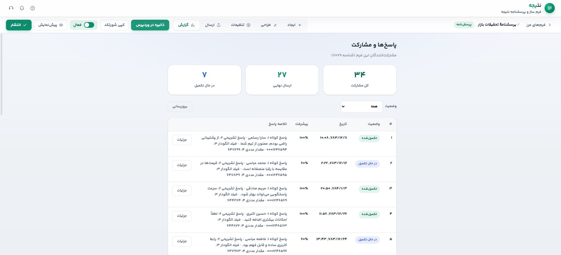 تحلیلگر پاسخ‌ها و گزارش مشارکت